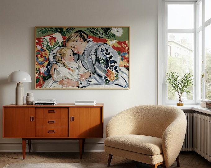 Mother Daughter Wall Art Print, Motherhood Oil Painting, Colorful Figurative Art, Mom & Child Portrait, Family Wall Decor, Mothers Day Gift