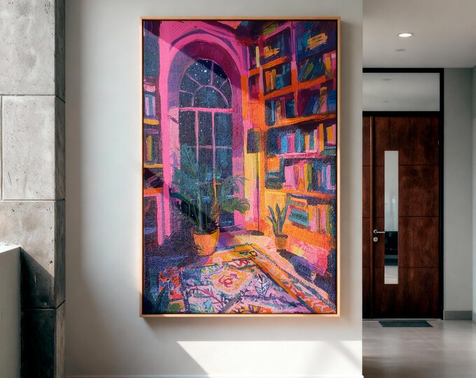 Impressionist Bookshelf Art, Textured Impasto Print, Sunlit Room with Plant Canvas, Colorful Eclectic Decor, Cozy Interior Wall Art