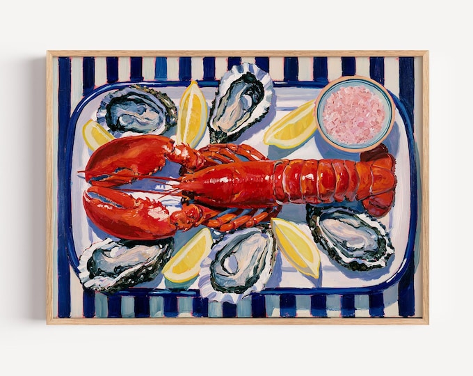 Lobster Wall Art Print, Coastal Kitchen Decor, Oyster Seafood Painting, Blue White Stripe Nautical Wall Art, French Bistro Canvas
