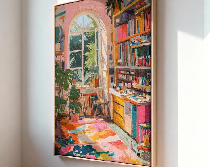 Impressionist Bookshelf Art, Textured Impasto Print, Sunlit Room with Plant Canvas, Colorful Eclectic Decor, Cozy Interior Wall Art