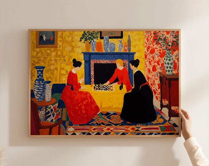 Women Playing Chess Painting, Post-Impressionist Art Print, Vintage Style Interior Decor, Yellow Room, Cozy Domestic Scene Wall Art