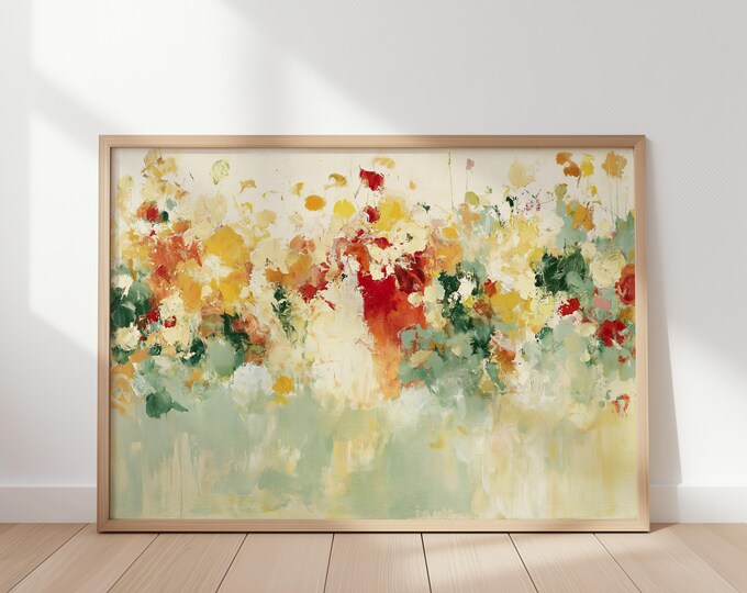 Green Abstract Wall Art Print, Colorful Botanical Painting, Modern Contemporary Art Print, Large Spring Floral Canvas, Living Room Decor