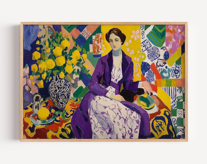 Matisse-Inspired Art Print, Woman in Purple Coat, Yellow Flowers & Oranges, Fauvism Painting, Colorful Wall Decor, Home Art Print