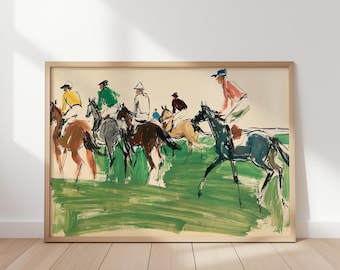 May include: A framed art print featuring a painterly illustration of several jockeys riding horses across a green field. The riders wear colorful jackets in yellow, green, white, and red, with matching caps, depicted in a loose, expressive brushstroke style.
