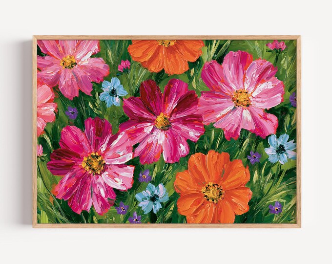 Colorful Floral Wall Art Print, Pink Orange Flower Painting, Wildflower Canvas Art, Botanical Wall Decor, Maximalist Home Decor