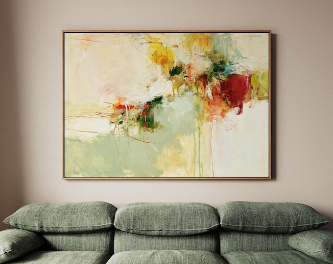 Green Abstract Wall Art Print, Colorful Botanical Painting, Modern Contemporary Art Print, Large Spring Floral Canvas, Living Room Decor