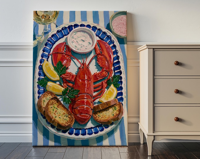 Coastal Lobster Wall Art Print, Nautical Kitchen Decor, French Seafood Painting, Lemon Lobster Canvas, Coastal Cottage Wall Decor