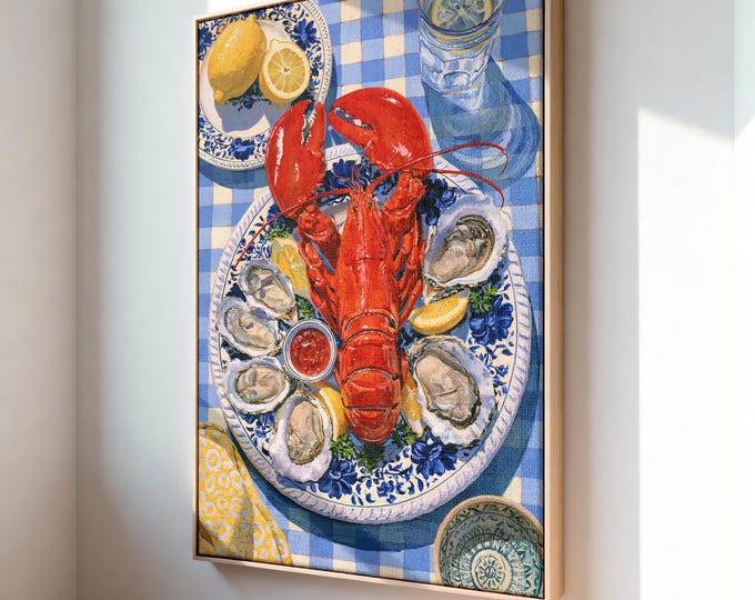 Coastal Seafood Wall Art Print, Lobster & Oyster Still Life Painting, Nautical Kitchen Decor, Mediterranean Dinner Canvas Art
