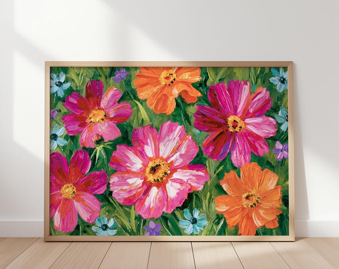 Colorful Floral Wall Art Print, Pink Orange Flower Painting, Wildflower Canvas Art, Botanical Wall Decor, Maximalist Home Decor