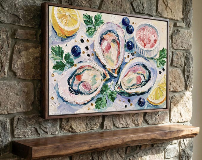 Oyster Wall Art Print, Coastal Kitchen Decor, French Seafood Painting, Lemon & Sea Salt Canvas, Mediterranean Dining Room Wall Art