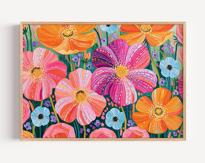 Colorful Floral Wall Art Print, Pink Orange Flower Painting, Wildflower Canvas Art, Botanical Wall Decor, Maximalist Home Decor