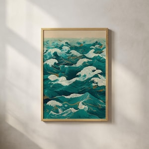 Pu&ograve; includere: Stampa artistica incorniciata raffigurante onde oceaniche stilizzate nei toni del verde acqua e bianco. L'opera d'arte, incorniciata in una cornice dorata, ha un'estetica vintage. Le onde sono dettagliate con linee strutturate, creando movimento e profondit&agrave;.