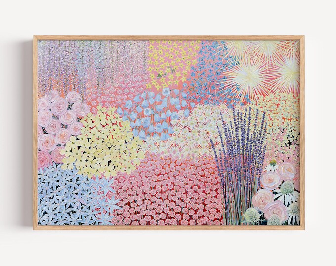 Colorful Floral Wall Art Print, Pastel Flower Garden Painting, Pink Botanical Art, Maximalist Wall Decor, Cottagecore Floral Print