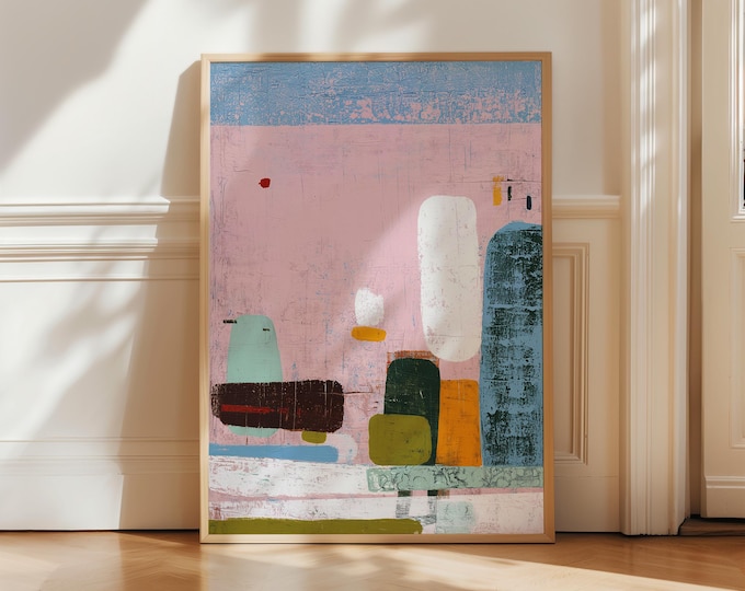Modern Abstract Pastel Pink Wall Art, Colorful Organic Shapes Print, Large Textured Contemporary Painting, Mid Century Gallery Wall Decor