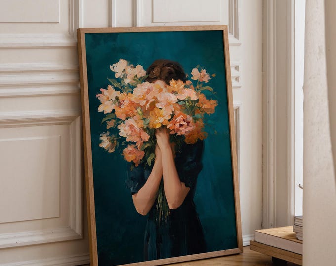 Moody Floral Portrait Oil Painting Print, Woman with Flowers Wall Art, Teal Room Decor, Fine Art Paper, Canvas, Framed Wall Art
