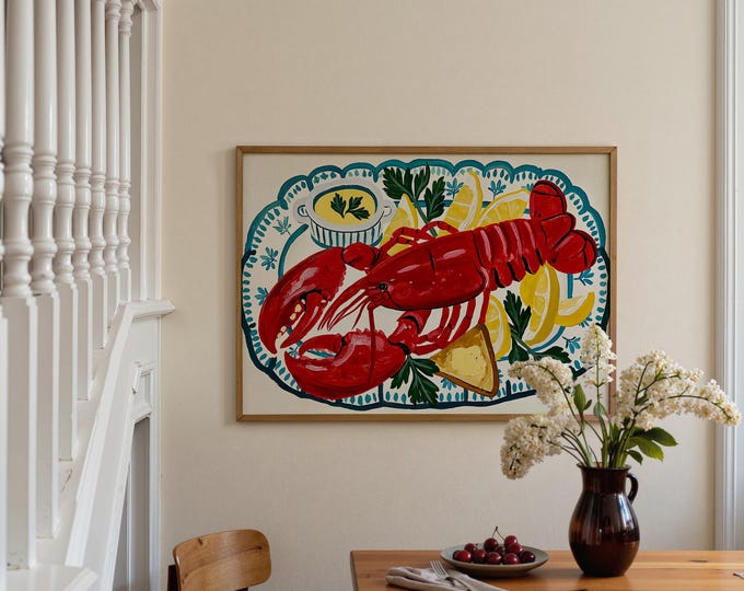 Coastal Lobster Wall Art Print, Nautical Kitchen Decor, French Seafood Painting, Lemon Lobster Canvas, Coastal Cottage Wall Decor