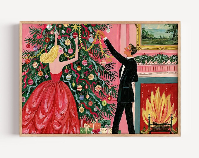 Vintage Christmas Wall Art Print, Elegant Couple Decorating Christmas Tree, Holiday Decor, Retro Christmas Painting, Festive Living Room