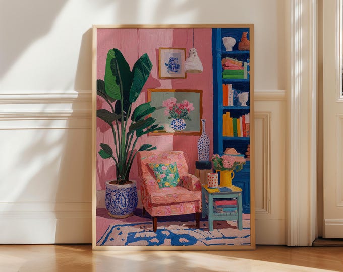 Maximalist Pink Room Oil Painting Print, Colorful Interior Wall Art, Eclectic Preppy Decor, Cozy Reading Nook Framed Canvas