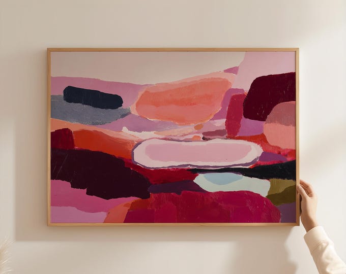 Burgundy and Pink Abstract Wall Art Print, Modern Color Block Framed Wall Art, Large Canvas Painting Decor, Contemporary Living Room Art