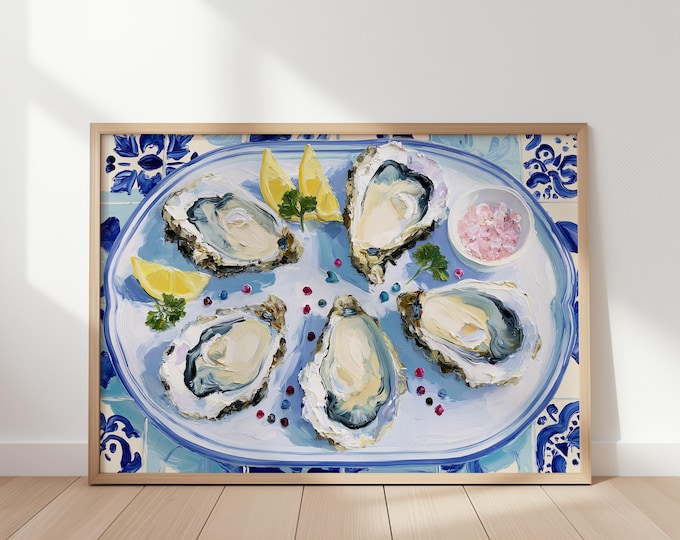 Blue White Oyster Wall Art Print, Coastal Kitchen Decor, French Seafood Painting, Mediterranean Dining Room Art, Oyster Oil Canvas