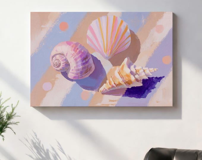 Pastel Seashell Wall Art Print, Coastal Beach House Canvas, Impasto Shell Painting Framed Wall Art, Pink and Purple Ocean Decor