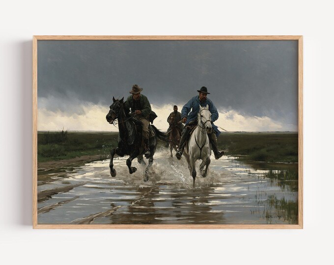 Western Cowboy Wall Art Print, Horseback Riding Canvas, Wild West Landscape Painting, Ranch Decor, Rustic Cowboy Artwork, Western Art