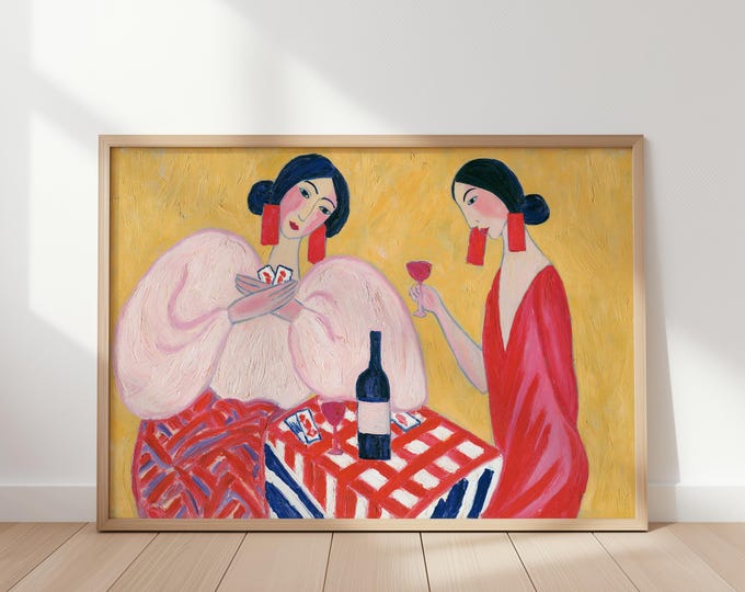 Two Women Drinking Wine Wall Art Print, Female Friendship Painting, Girls Night Art Print, Red Figurative Canvas, Colorful Woman Decor