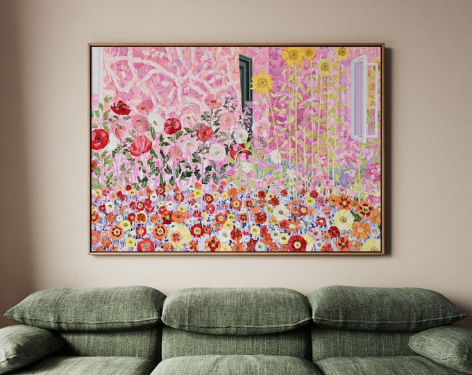Pink House Wall Art Print, Hydrangea Flower Garden Painting, Cottage Garden Wall Decor, Impressionist Floral Canvas Art