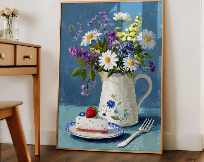 Strawberry Cake & Daisies Oil Painting Print, Blue Floral Still Life Wall Art, French Country Cottagecore Decor, Framed Canvas