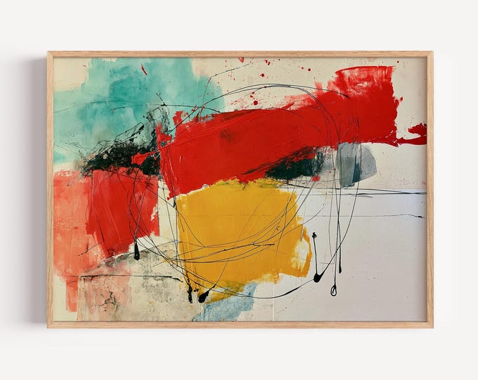 Abstract Wall Art Print, Red Yellow Abstract Painting, Modern Expressionist Art, Contemporary Wall Decor, Mid Century Modern Art