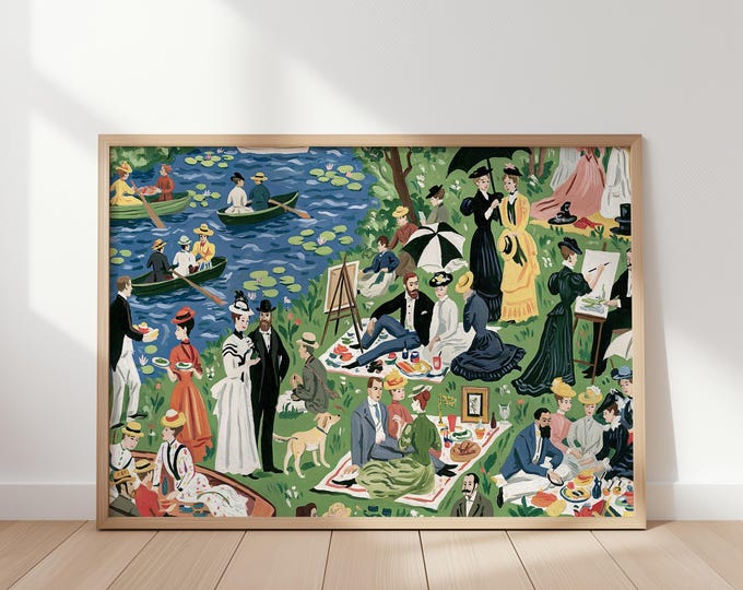 Vintage River Picnic Wall Art, Impressionist Garden Party Painting, Elegant Lakeside Gathering Print, French Country Decor