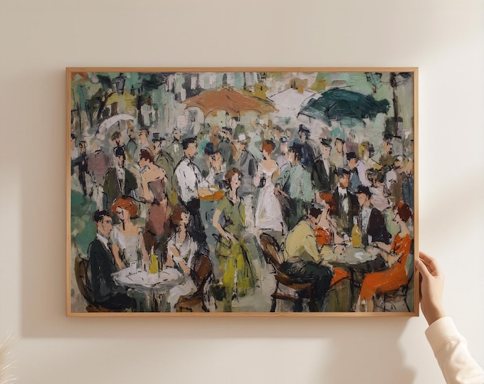 Vintage French Cafe Wall Art, Parisian Bistro Painting, Mid Century Modern Crowd Print, Abstract Outdoor Cafe Poster, Dining Room Decor