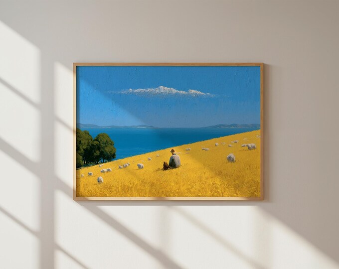 Pastoral Landscape Wall Art Print, Shepherd and Sheep Painting, Dog Countryside Art, Blue Lake Canvas, Farmhouse Country Wall Decor