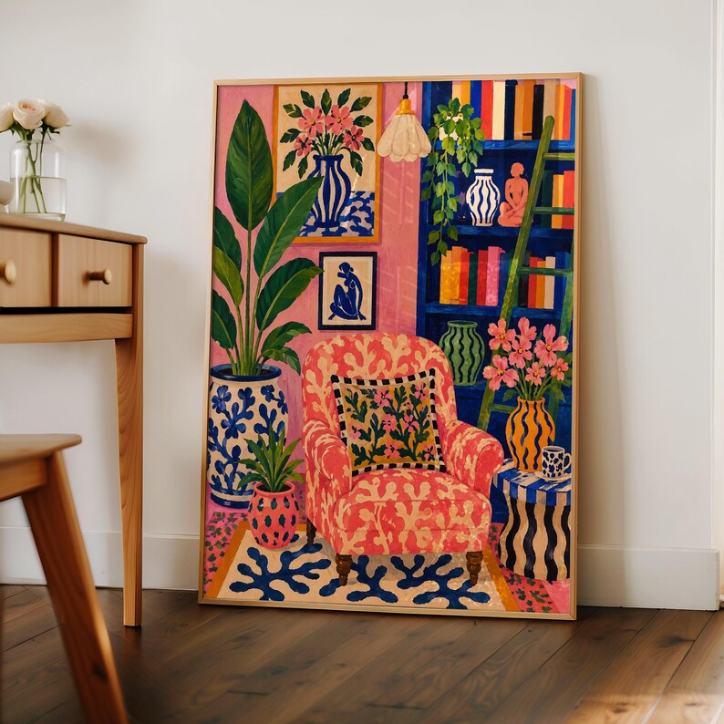 Maximalist Pink Room Oil Painting Print, Colorful Interior Wall Art, Eclectic Preppy Decor, Cozy Reading Nook Framed Canvas image 7