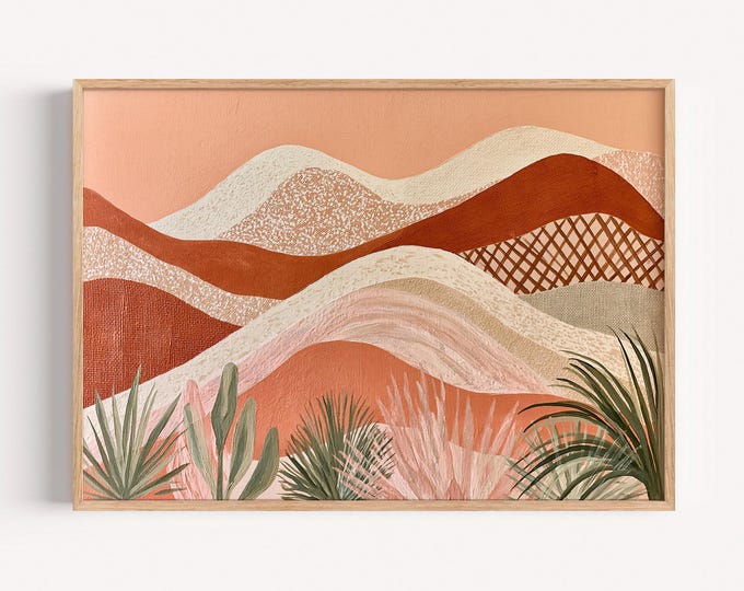 Boho Abstract Landscape Wall Art Print, Terracotta Desert Wall Art, Southwest Mountain Print, Neutral Earth Tone Bohemian Decor
