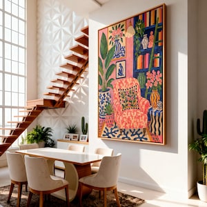 Maximalist Pink Room Oil Painting Print, Colorful Interior Wall Art, Eclectic Preppy Decor, Cozy Reading Nook Framed Canvas image 13