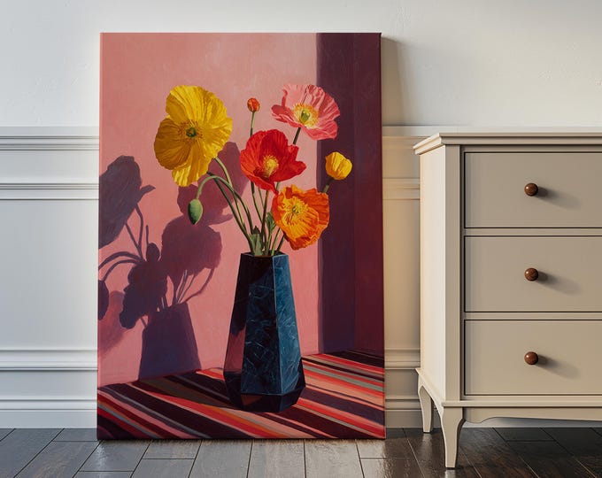 Colorful Floral Oil Painting Print, Poppy Flowers in Blue Vase Wall Art, Pink Preppy Room Decor, Dopamine Decor Framed Canvas
