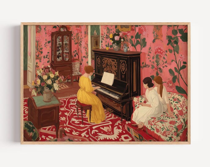 Piano Woman Wall Art Print, Mother Daughter Piano Painting Print, Vintage Interior Art, Family Music Scene Canvas Print, Living Room Decor