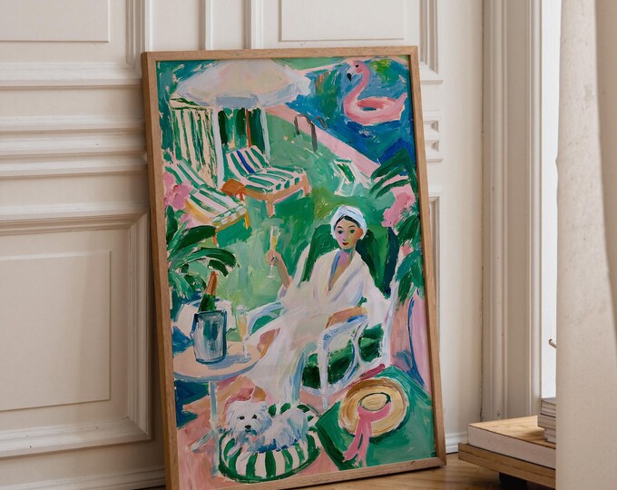 Poolside Fashion Wall Art Print, Chic Summer Resort Watercolor, Elegant Woman & Poodle Painting, Luxury Vacation Home Decor