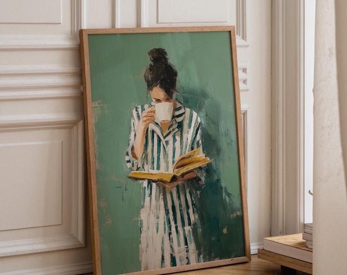 Green Oil Painting Print, Woman Reading Art, Vintage Style Wall Art, Cozy Aesthetic Canvas, Bedroom Decor, Soft Feminine Wall Decor