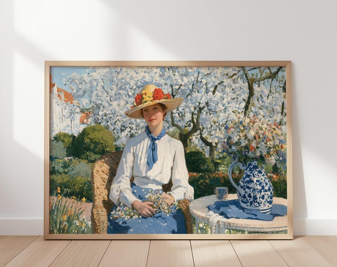 Garden Lady Wall Art Print, English Country Decor, Grandmillennial Wall Art, Blue and White Chinoiserie, Cottagecore Floral Painting