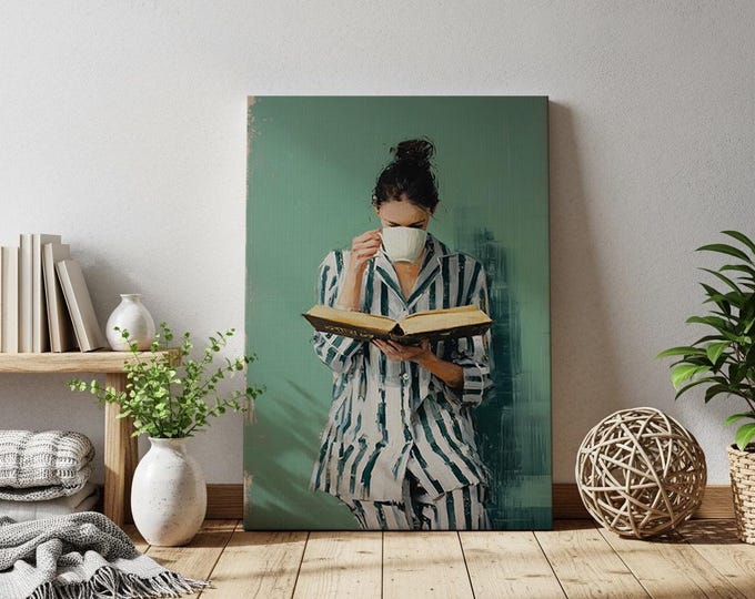 Green Oil Painting Print, Woman Reading Art, Vintage Style Wall Art, Cozy Aesthetic Canvas, Bedroom Decor, Soft Feminine Wall Decor