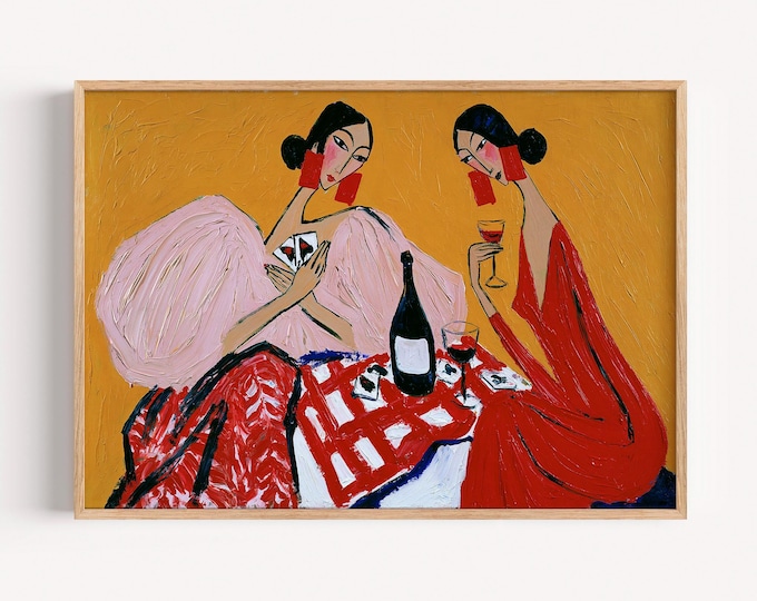 Two Women Drinking Wine Wall Art Print, Female Friendship Painting, Girls Night Art Print, Red Figurative Canvas, Colorful Woman Decor