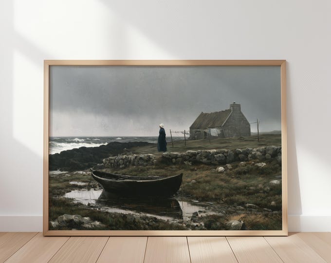 Moody Coastal Wall Art Print, Stormy Sea Painting Print