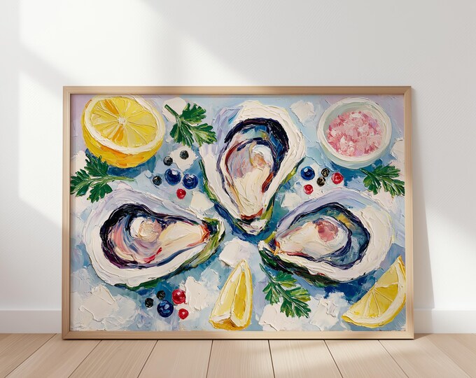 Oyster Wall Art Print, Coastal Kitchen Decor, French Seafood Painting, Lemon & Sea Salt Canvas, Mediterranean Dining Room Wall Art