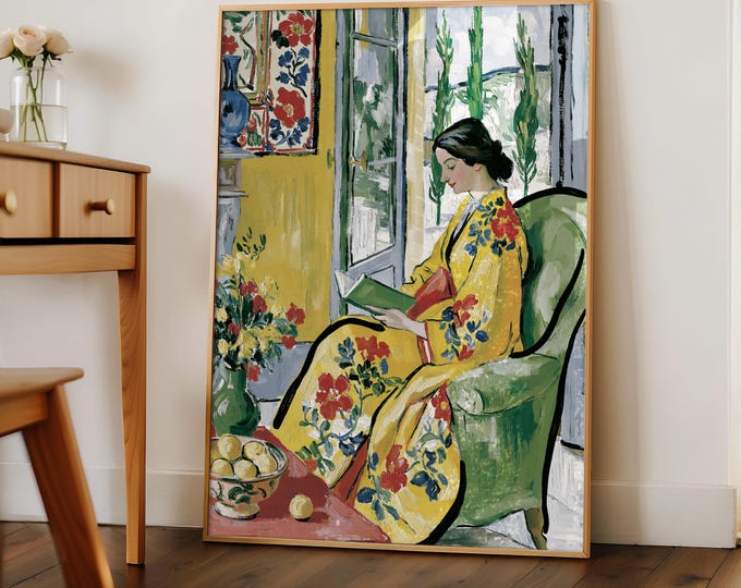 French Reading Lady Wall Art, Fauvist Floral Print, Vintage Woman Painting, Yellow Dress Canvas, Matisse Style Home Decor, Cottagecore