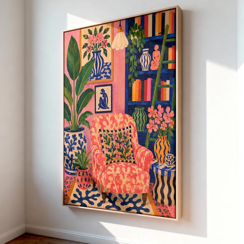 Maximalist Pink Room Oil Painting Print, Colorful Interior Wall Art, Eclectic Preppy Decor, Cozy Reading Nook Framed Canvas image 10