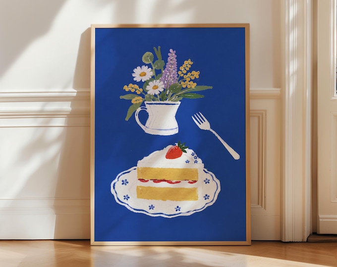 Strawberry Cake & Daisies Oil Painting Print, Blue Floral Still Life Wall Art, French Country Cottagecore Decor, Framed Canvas
