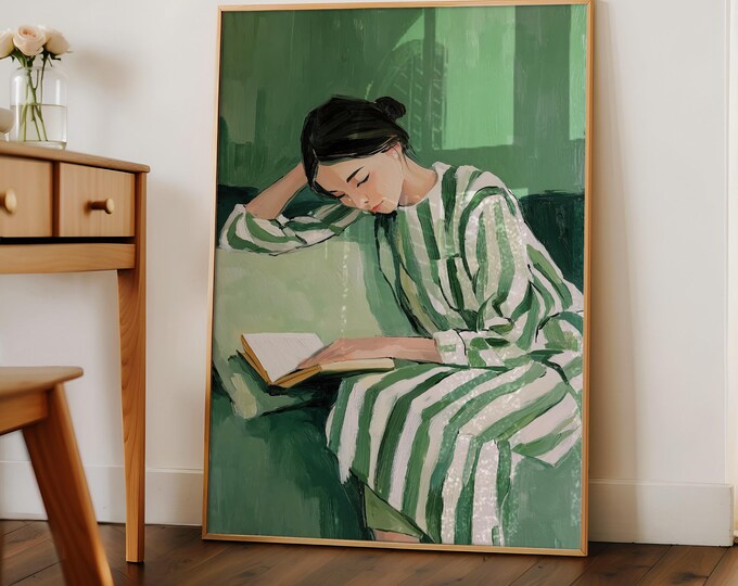 Green Oil Painting Print, Woman Reading Art, Vintage Style Wall Art, Cozy Aesthetic Canvas, Bedroom Decor, Soft Feminine Wall Decor