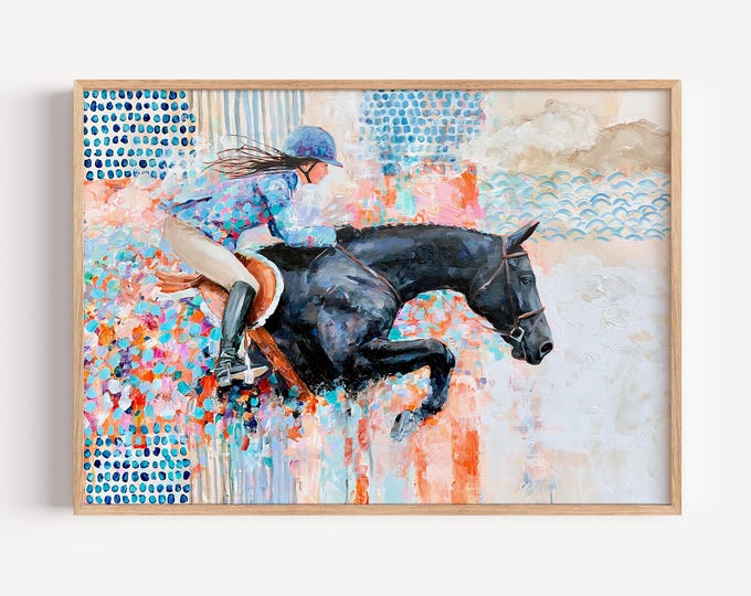 Equestrian Wall Art Print, Horse Jumping Oil Painting, Equestrian Decor, Show Jumping Art, Horse Rider Print, English Country Wall Decor